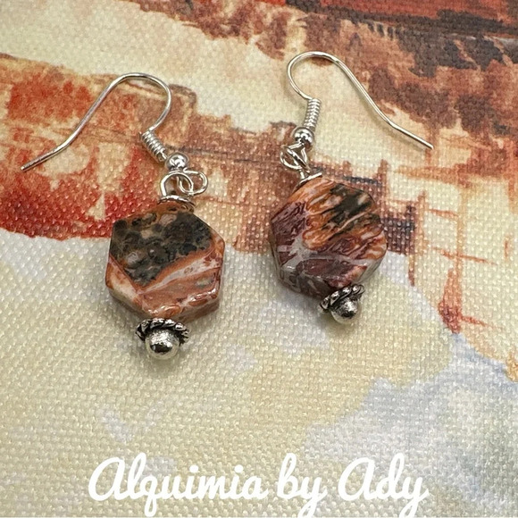 Western chunky leopard skin jasper spheres dangle earrings hexagon silver boho - Picture 1 of 1